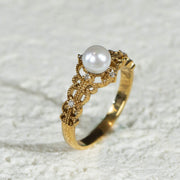 Akoya Pearl Diamond Retro Lace Ring 5mm, 18K Gold